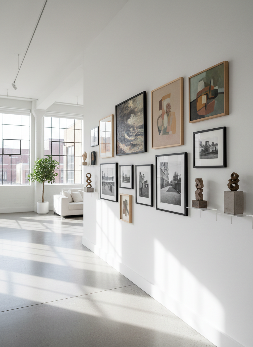 A meticulously curated gallery wall inside a minimalist white-walled loft, displaying an eclectic mix of framed paintings, monochrome photographs, and small sculptural pieces on discreet floating shelves. The artworks are real-world, diverse in medium and size, with rich textures of oil, watercolor, and matte photographic paper. Soft afternoon light pours in from tall industrial windows, creating gentle, elongated shadows across the polished concrete floor. The mood is sophisticated and contemplative, suggesting a private viewing space for an artist collective. Captured at eye level with a slightly wide angle, the composition follows the rule of thirds, with sharp focus on the artworks and a subtle bokeh on the far end of the room, in clean, photographic realism.